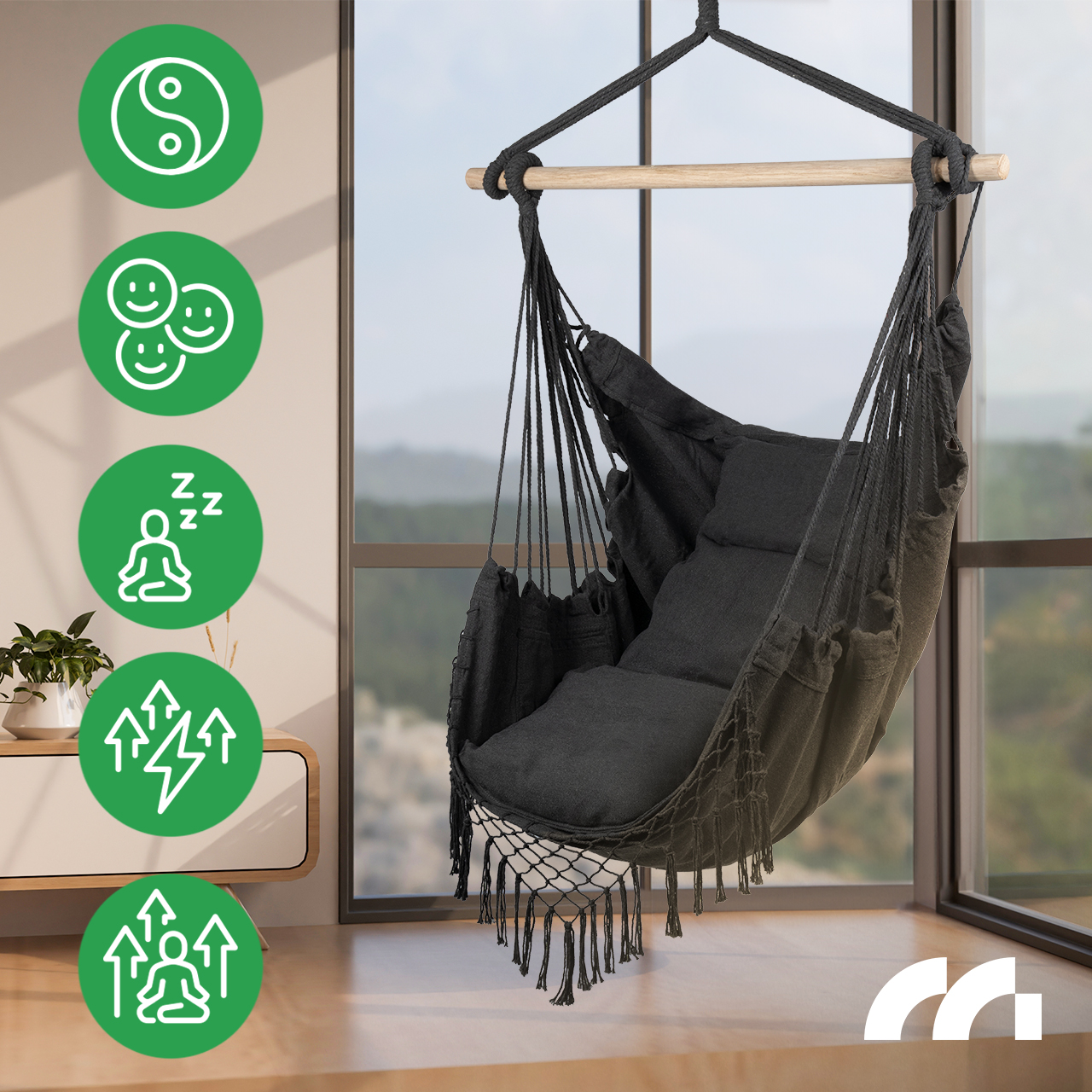 Fotel Wiszący Ogrodowy Krzesło Brazylijskie Kokon z Poduszkami Dark Gray