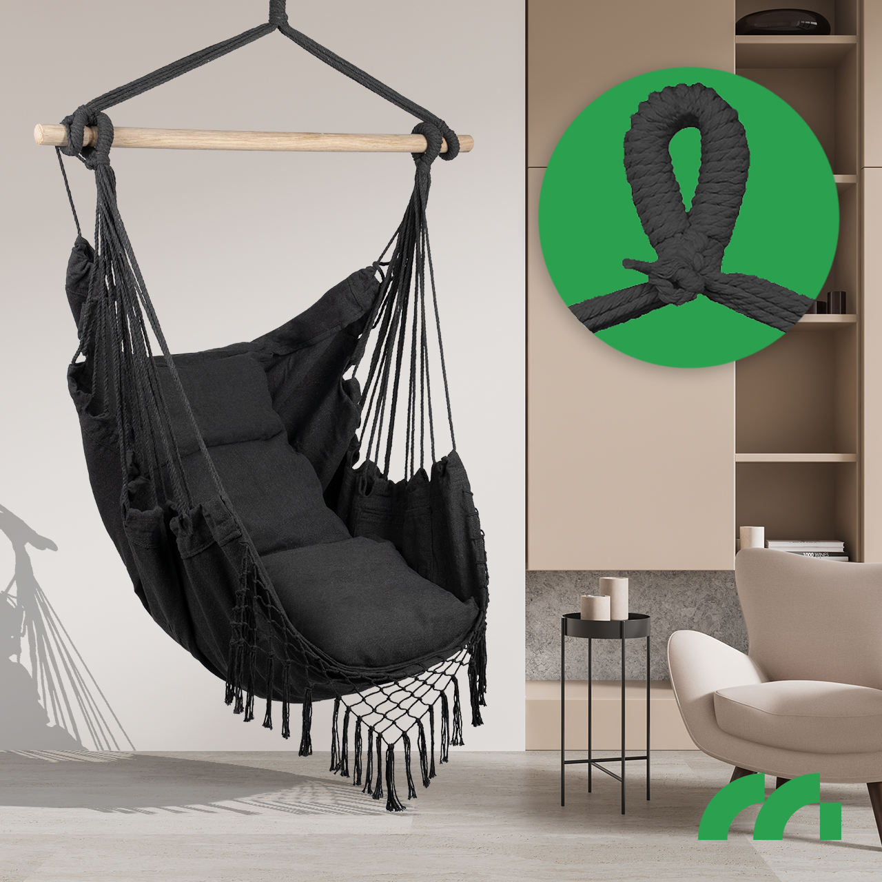 Fotel Wiszący Ogrodowy Krzesło Brazylijskie Kokon z Poduszkami Dark Gray